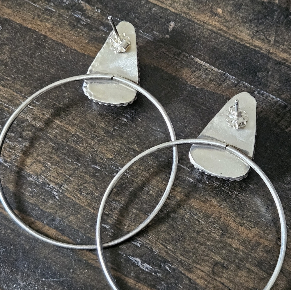 Navajo White Buffalo Turquoise Sterling Silver Earrings - Picture 4 of 6